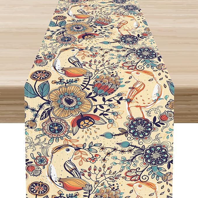 Beige Paisley Table Runner, Rustic Damask Antique Floral Flower Retro Boho Swirled Pattern Print Vintage Table Center Decor for Family Kitchen and Living Room Indoor Table Decorations, 13" X 90"