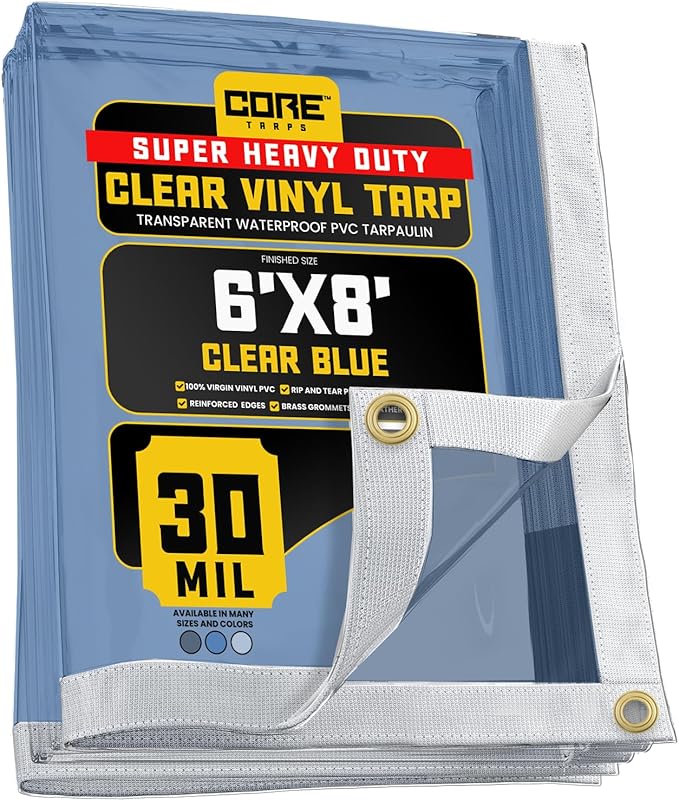 Core Tarps 30 Mil Extreme Heavy Duty Clear Tarp with Gromments - 6x8ft Super Clear Tarps Heavy Duty Waterproof Vinyl Tarpaulin, Transparent Tarp for Outdoor, Camping & Construction, Clear Blue