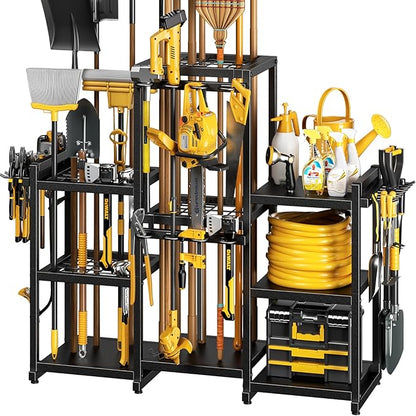 42" H Large Garden Tool Organizer, Holds Up to 86 Tools, Heavy Duty Yard Tool Organizer for Garage, 61“ Wide Lawn Freestanding Tool Storage Rack for Outdoor Shed Tool Rake, Shovel, Brooms