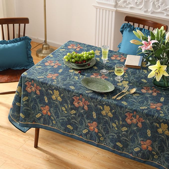 patdrea Designer Dark Blue Linen Rectangle Tablecloth,Vintage French Rustic Floral Pattern Tablecloths,Decorative Table Cover Cloth for Kitchen,Dining,Tea Party,Home,Christmas,63"*102"
