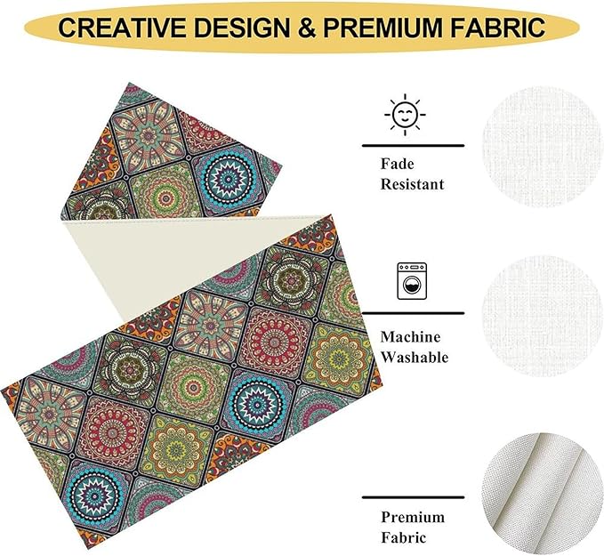 Bohemian Mandala Table Runner, Vintage Colorful Boho Geometric Floral Flower Antique Paisley Rustic Coffee Table Center Decor for Family Kitchen and Living Room Outdoor Table Decorations, 13"x90"