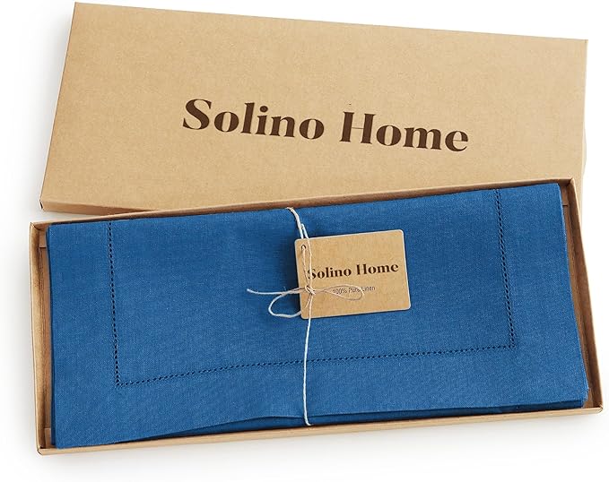 Solino Home Linen Indigo Blue Table Runner 156 Inches Long - 100% Pure Linen Extra Long Table Runner 14 x 156 Inch for Winter, Spring, Easter - Classic Hemstitch