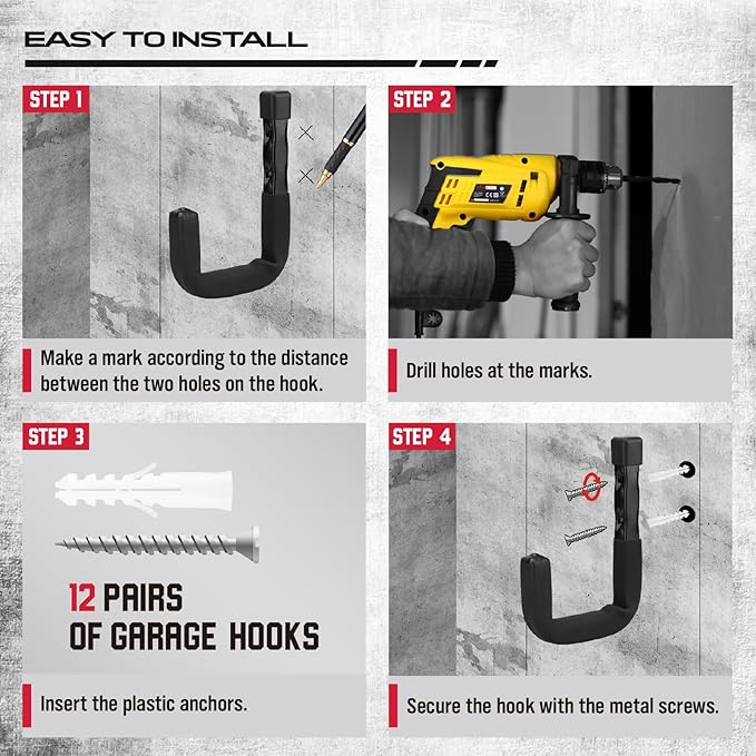 SEDY Heavy Duty Garage Storage Hooks: 4-Piece 6" & 3" Wall Mount J Utility Hooks Holds 88 LB, Large Metal Utility Hooks, Garage Storage Ladders for Bikes, Garden Tools