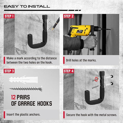 SEDY Heavy Duty Garage Storage Hooks: 4-Piece 6" & 3" Wall Mount J Utility Hooks Holds 88 LB, Large Metal Utility Hooks, Garage Storage Ladders for Bikes, Garden Tools