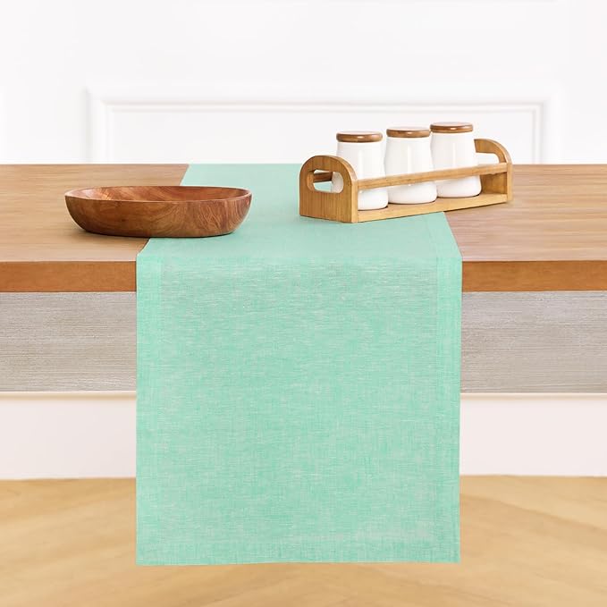 Solino Home Linen Table Runner 90 Inches Long - Athena, 100% Pure Linen Chambray Aqua Dining Table Runner 14 x 90 Inch for Winter, Spring, Easter
