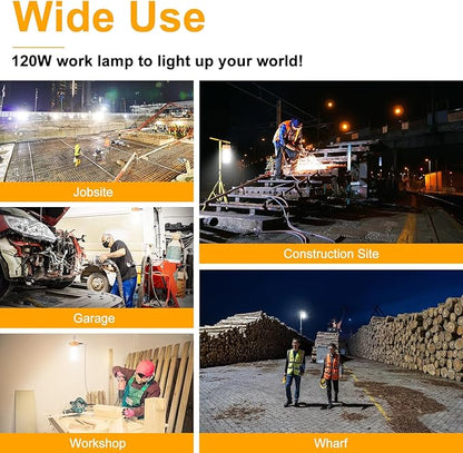 120W LED Temporary Work Light 18000LM Construction Lights 5000K Led Work Light IP67 Dust Waterproof Portable Lights with Stainless Steel Guard Hook for Factory Mine Wharf Job Site Garage Temp Lighting