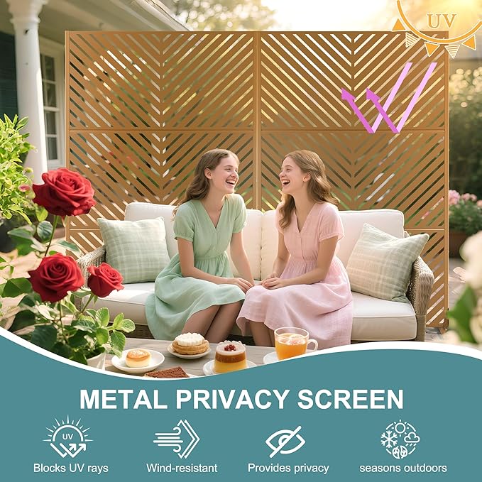 Metal Privacy Screen Outdoor Freestanding Privacy Wall Panels and Decorative Patio Dividers,Crafted from Steel with Sun-Proof Design, Ideal for Patio, Deck, Garden,72" H×47" L,（Brown&Parallel