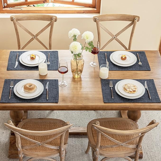 Blue Forest Placemats Set of 4, Dual-Layered Thickened Faux Linen Cloth Place Mats Heat Resistant Machine Washable Wrinkle Free Table Mats Indoor/Outdoor (Dark Grey)