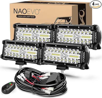 NAOEVO 7 Inch LED Light Bar, LED Off Road/Fog Lights, Work for Truck Tractor Boat ATV UTV, 4 Pcs with 4 Leads Wiring Harness (White)
