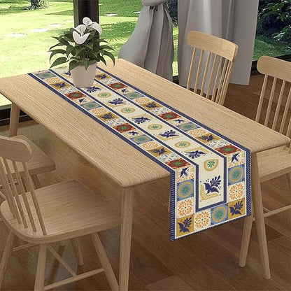 Mexican Table Runner, Blue Floral Birds Mexico Talavera Ceramic Dia De Los Muertos Coffee Table Center Decor for Family Home Kitchen and Dining Farmhouse Indoor Outdoor Table Decorations, 13" X 90"