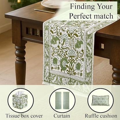 CPC Cotton Table Runner 16x106 inch Block Printed Long Fall Table Runner for Dining Table, Card Table, Coffee Table, Wedding, Farmhouse & Outdoor Barbeque-Agate Green