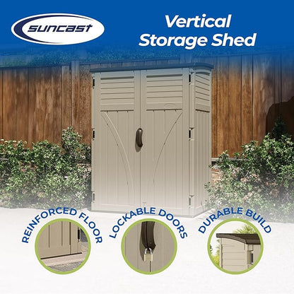 Suncast Outdoor Storage Cabinet Waterproof Resin Vertical Outdoor Storage Shed (54 cu. ft.) for Patio, Garden Tools, Cushions, & Equipment. Weatherproof Plastic Multi-Wall Design, Capacity Made in USA