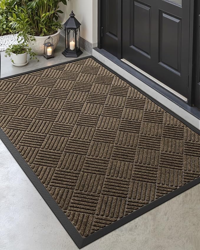 DEXI Front Door Mat Outside Entrance, 3x5 ft Rubber Entry Doormat Heavy Duty, Welcome Mats Non Slip for Inside House Floor Entryway Back Doors Exterior Patio, Diamond Brown