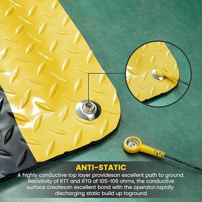 3' x 5' ESD Anti-Fatigue Conductive Mat, Durable Heavy Duty Diamond Plate, Soft Sponge Ergonomic Mat, Non Slip Waterproof Floor Mats for Commercial&Industrial Work, Thick 3/4” Black with Yellow Border