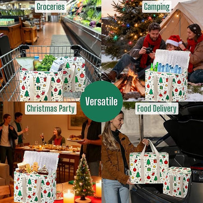 VENO 2 Pack Cooler Bag, Insulated Grocery Bags for Food Delivery, Collapsible Cooler, Reusable Shopping Bags for Groceries, Hard Bottom, Zippered, Foldable, Christmas Pattern (Jingle Mix, 2 Pack)