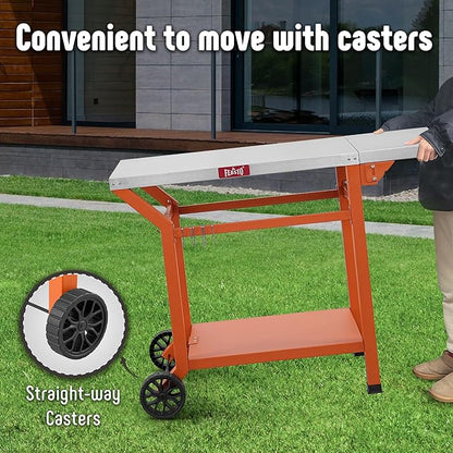Movable Grill Table with Folding Side Table, Pizza Oven Table as BBQ Food Prep Cart with Undershelf for Outdoor & Indoor Use, 43" L x 20" W Stainless Steel Tabletop, Orange