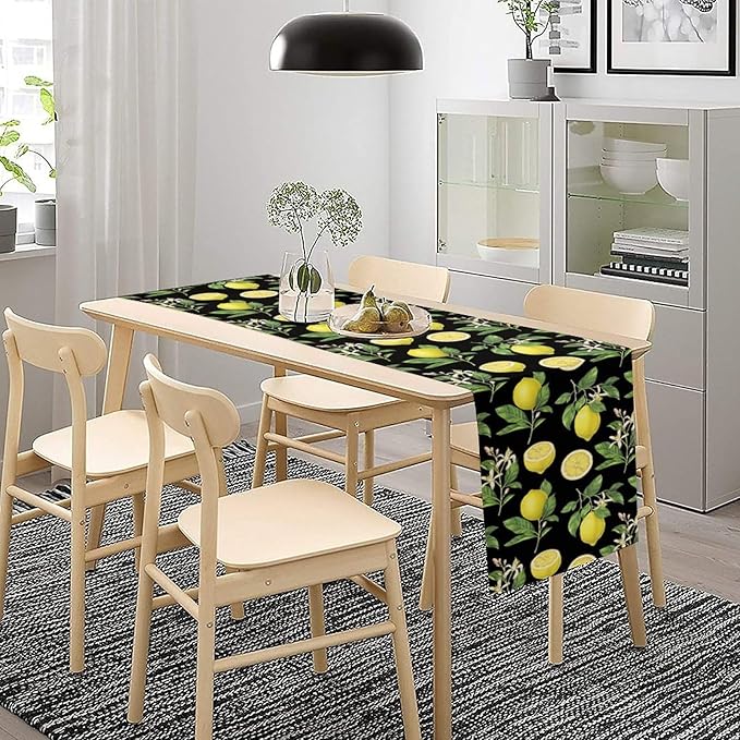 Watercolor Lemon Table Runner, Spring Summer Seasonal Green Leaves Flowers Yellow Fruits Print Table Runner for Farmhouse Kitchen Dining Table Home Party Indoor Decor 13x120in