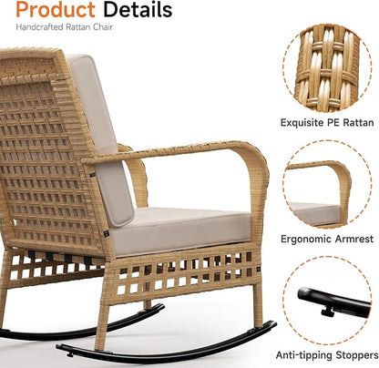 DECMICO Outdoor Rocking Chair Set, 3-Piece Wicker Patio Furniture | Elegant - Image 4