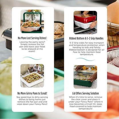 Fancy Panz - Green Classic Aluminum Foil Pan Carrier with Lid - Elevated Food Serving Tray - Portable Casserole Carrier with Lid - Made in The USA Hosting Essentials
