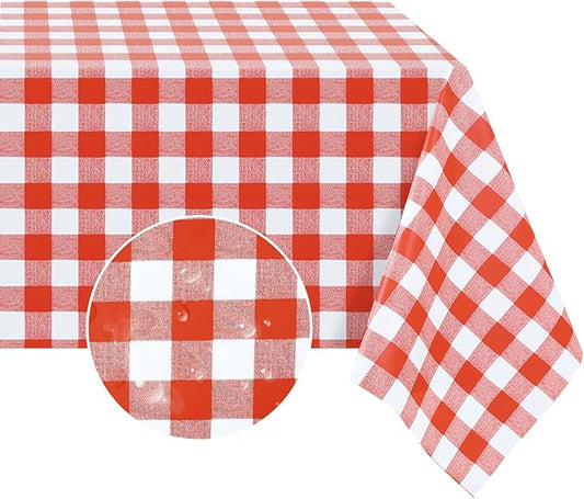Romanstile Rectangle Vinyl Tablecloth, 100% Waterproof Buffalo Gingham Plastic Table Cloth, Heavy Duty Wipeable Checkered Table Covers for Outdoor, Camping, Picnic, Patio - 52 x 70, Red and White