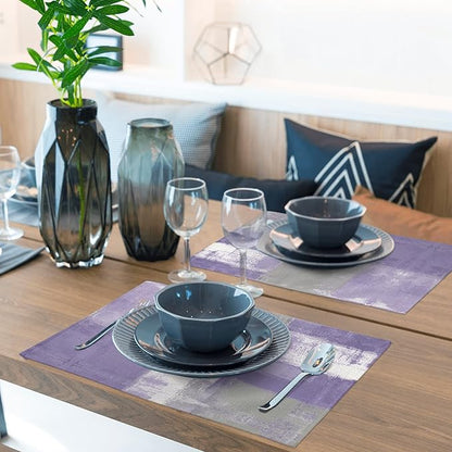 Modern Art Placemats Set of 4 Purple Abstract Painting Place Mats Washable Linen Grey Placemat for Dining Table Kitchen Party Home Decor 18x12 Inches