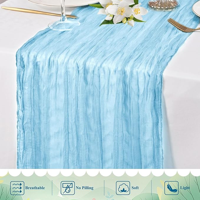 20 Packs Cheesecloth Table Runner 10FT Long Boho Gauze Fabric Table Runner Vintage Rustic Sheer Runners for Wedding Party Bridal Baby Shower Table Decorations (Light Blue )