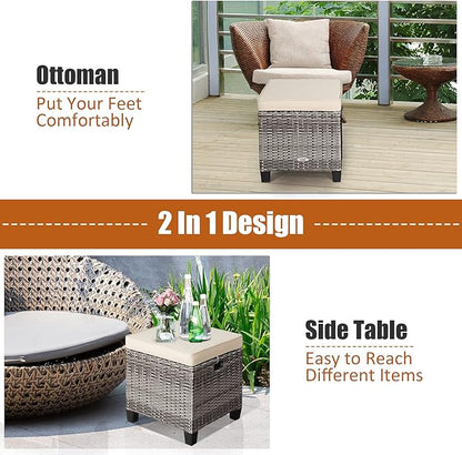 Tangkula 2 Pieces Patio Rattan Ottomans, Outdoor Wicker Footstool Footrest Seat with Soft Cushions and Steel Frame, All-Weather Patio Ottoman Set for Backyard Garden Poolside
