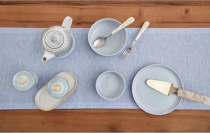 Solino Home Linen Table Runner 108 Inches Long - Athena, 100% Pure Linen Chambray Blue Table Runner 14 x 108 Inch for Dining, Winter, Spring, Easter