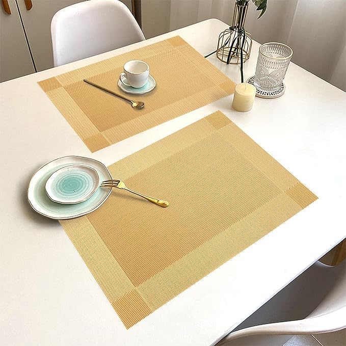 Placemats Set of 6 Washable&Wipeable Place mats for Dining Table Kitchen Indoor Outdoor Table Mats Heat Resistant Non Slip Woven Vinyl Table Placemats (Gold，6PCS)