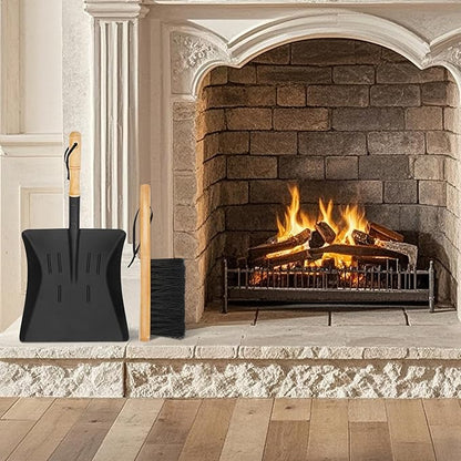Fireplace Ash Shovel and Brush Set, Coal Shovel and Hearth Brush Set, Fireplace Tools Set Indoor Outdoor Rust Resistant Made of Natural Wood & Coco Bristles for Easy Cleaning