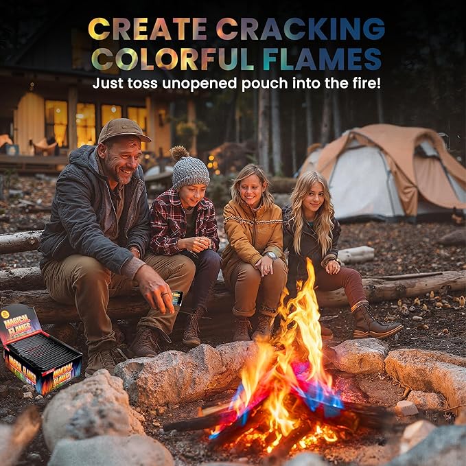 Magical Flames Fire Color Packets (12 Pack), Vibrant Multi-Color Fire for Fire Pits, Campfires, Bonfires & Fireplaces - Camping Essentials & Outdoor Party Accessories