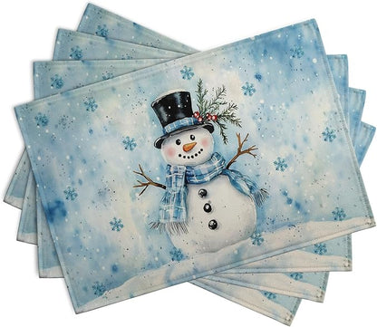Blue Snowman Snowflake Winter Placemats Set of 4 Seasonal Christmas Linen Table Mats 12x18 Inch Xmas Holiday Snow Farmhouse Rustic Washable Place Mats for Party Kitchen Dining Outdoor Indoor Decor
