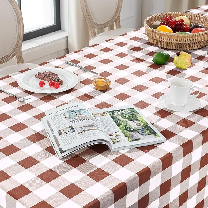 Softalker Gingham Checkered Tablecloth Rectangle - Outdoor Waterproof Buffalo Plaid Table Cloth, Stain Resistant Washable Table Cover for Picnic, Camping, Dining - Rust and White, 54 x 120 Inch