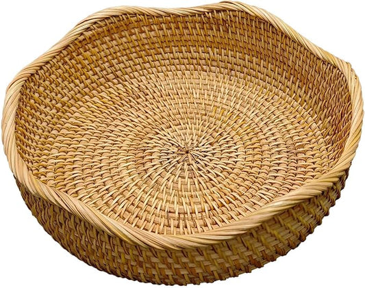 RT&BS Rattan Bread Baskets for Serving, Christmas Food Baskets, Handwoven Fruit Basket for Kitchen, Store, Restaurant, Outdoor, Party (M, Ø9.8 * 2.8'')