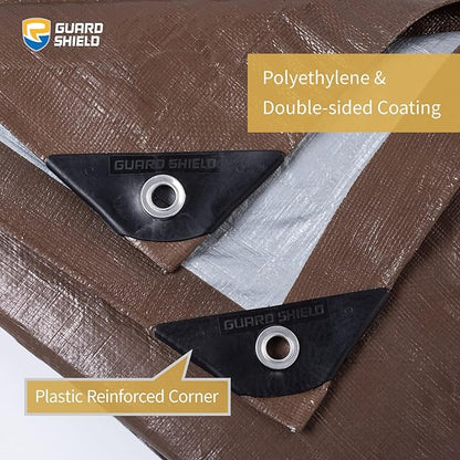 GUARD SHIELD Tarps Heavy Duty Waterproof 10x10 Feet Brown/Bright Silver Poly Tarp Cover Square Outdoor Thick UV Resistant Tarpaulin with Grommets 10mil