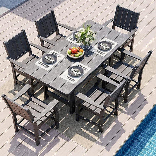 Pamapic 7 PCS Outdoor Dining Set, Spacious HDPE Outdoor Table and Chairs, Wood Grain Patio Furniture Sets with Elegant Armrest, All-Weather Outdoor Furniture with Umbrella Hole, Gray