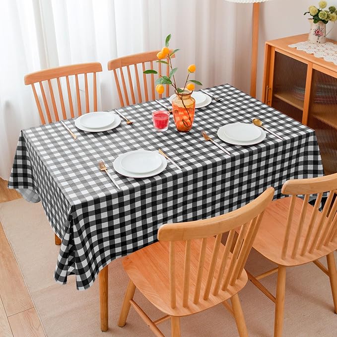 Nasitos 2 Pack Rectangle Vinyl Table Cloth with Flannel Backing 60x120 Inch-Waterproof Outdoor Picnic Tablecloth Checkered, Wipeable Plastic Black and White Table Cover for Dinner Party, Kitchen