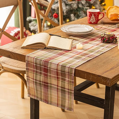 Beige Plaid Christmas Table Runner, Winter Holiday Table Runners 72 inches Long Xmas Decorations Indoor Outdoor Farmhouse Home Kitchen Dining Party Decor