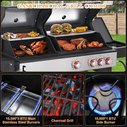 CIG GARDEN Gas and Charcoal Combo Grill, 3 Burner Propane Gas Grill with Side Burner, Cast Iron Grates Outdoor Barbecue Grill with 41,500 BTU Output, Perfect for Outdoor Cooking, Balcony, Camping