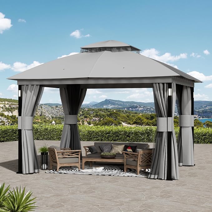 Patio Gazebo 10'x12' with LED Lights & Bluetooth Speaker, Heavy Duty Outdoor by CoveredOutdoor