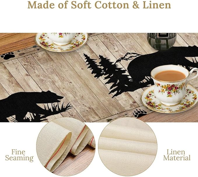 Bear Table Runner, Wild Animals Rustic Cabin Forest Bear Print Wooden Board Table Runner for Dining Kitchen Home 13x70in
