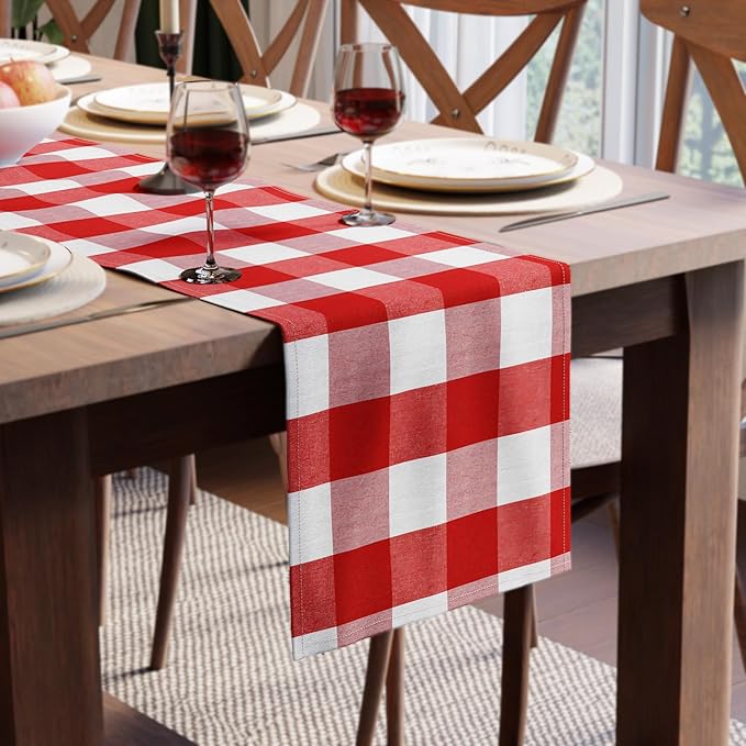 Encasa XO Cotton Dining Table Runner | Buffalo Red Checks | Size 13x104 in - Machine Washable & Durable