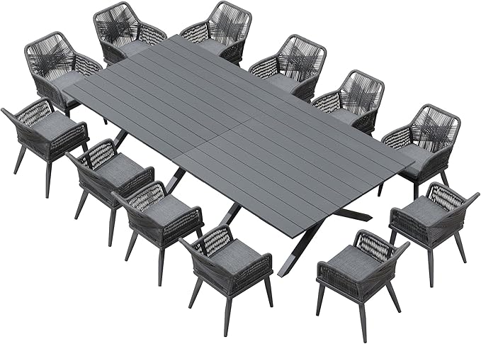 PURPLE LEAF 14 Pieces Outdoor Patio Dining Set All-Weather PE Rattan Furniture Set with All Aluminum Frame Sqaure Table and Chairs Set for 12 People Lawn Garden Backyard Deck, Grey