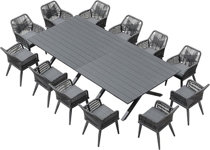 PURPLE LEAF 14 Pieces Outdoor Patio Dining Set All-Weather PE Rattan Furniture Set with All Aluminum Frame Sqaure Table and Chairs Set for 12 People Lawn Garden Backyard Deck, Grey