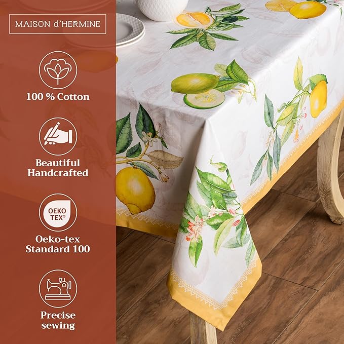 Maison d' Hermine Table Cloth Rectangle Table 100% Cotton 54 x 72 Inches Tablecloth Reusable Decorative for Dining Room, Farmhouse, Home, Party, Festive & Wedding Spring Summer - Limoncello