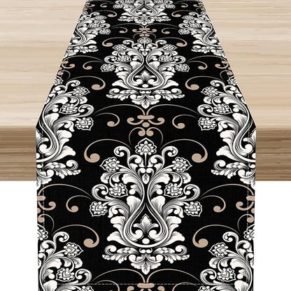 Goth Table Runner, Antique Gothic Damask Pattern Baroque Style Black Floral Flower Exotic Coffee Vintage Table Center Decor for Kitchen and Dining Outdoor Country Party Table Decorations, 13"x72"