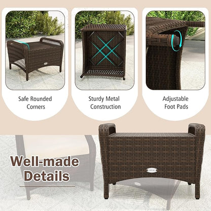 Tangkula 2 Pieces Outdoor Patio Wicker Ottomans with Removable Cushions, Outside Footrest for Additional Seating, Footrest and Side Table, for Porch, Garden and Backyard