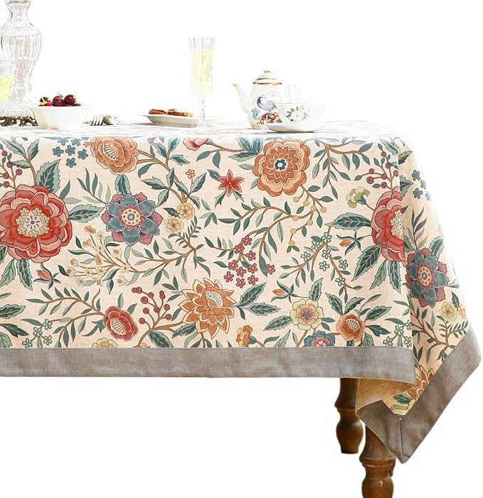 Designer Vintage Linen Rectangle Tablecloth,William Morris Floral Table Cloth with Colorful Pattern,Decor Table Cover for Kitchen,Dining,Thanksgiving,Christmas,63"*87"-Flowershadow a