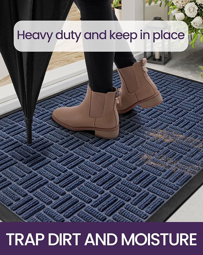 DEXI Front Door Mat Outside Entrance, 4x6 ft Large Rubber Entry Doormat Heavy Duty, Welcome Mats Non Slip for Inside House Floor Entryway Double Doors Exterior Patio, Maze Navy Blue