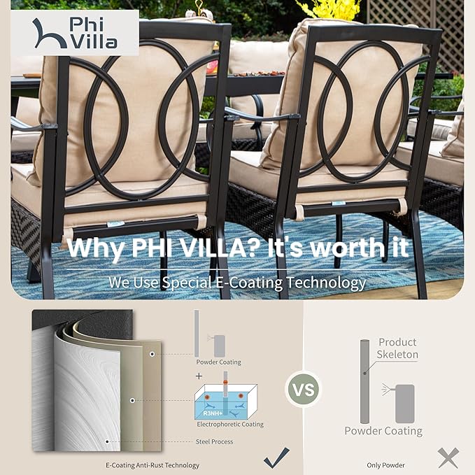 PHI VILLA 7 Pieces Patio Dining Set, Outdoor Round Table and Chairs for 6, 52" Round Dining Table with Umbrella Hole & 6 Heavy Metal Wicker Chairs with Thick Cushions